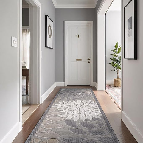 Beverly Rug Outdoor Runner Rug 2x7 Modern Floral Tropical Area Rugs for Indoor and Outdoor Patio Easy to Clean Non Shedding Living Room Porch Garden Washable Outside Carpet (2 x 7 Gray)
