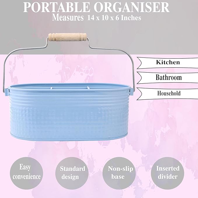 Alpha Living Home Galvanized Utensil Holder with Handle - 4 Compartment Silverware Caddy,Flatware Organizer for Kitchen, Countertop, Dining Table, BBQ, Picnic, Party, Farmhouse, Décor (Blue)