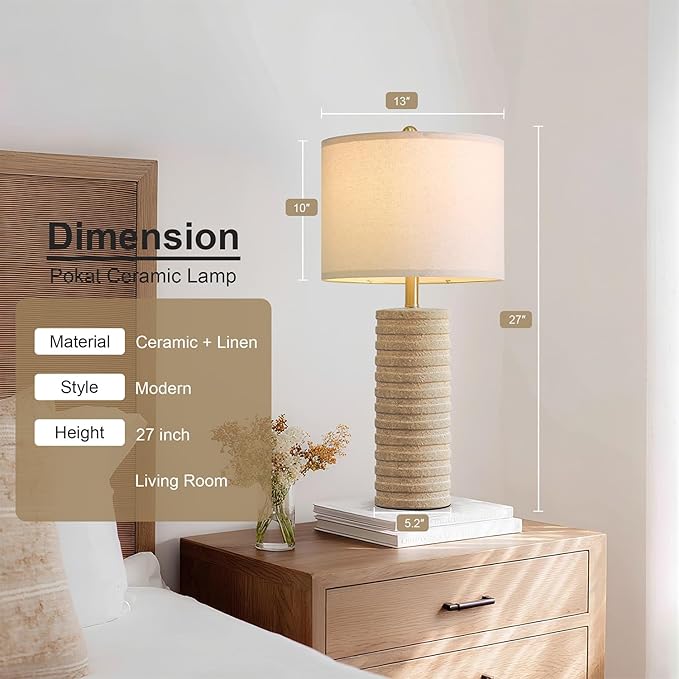 PoKat 27" Farmhouse Ceramic Table Lamps Set of 2 for Bedroom, Stone-Like Rustic Nightstands Lamps for Night Stands, Distressed Beige Bedside Lamps with Natural Textured for Living Room, Sand-Colored