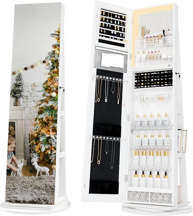 Mirror Jewelry Cabinet Standing, 360° Swivel Jewelry Armoire with LED Lights, Lockable Jewelry Organizer with Full-Length Mirror for Wonen, White