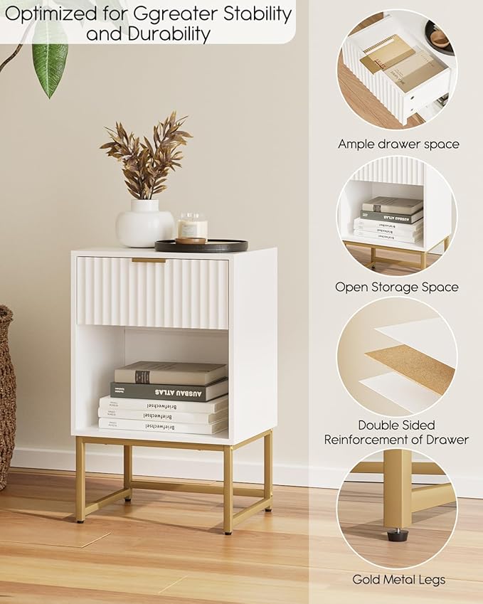 Masupu Fluted Nightstand,Modern Night Stand Wood Bedside Table with Storage Drawer Side End Table for Bedroom,Living Room,Office,White