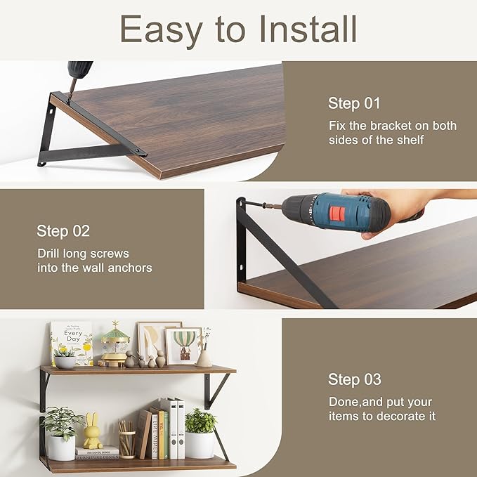 Fun Memories 40 Inch Floating Shelves, 10 Inch Deep Wall Shelf, 40 x 10 Floating Shelf Set of 2, Wood Floating Shelf Wall Mounted, Large Kitchen Living Room Bedroom Storage Shelves, Walnut