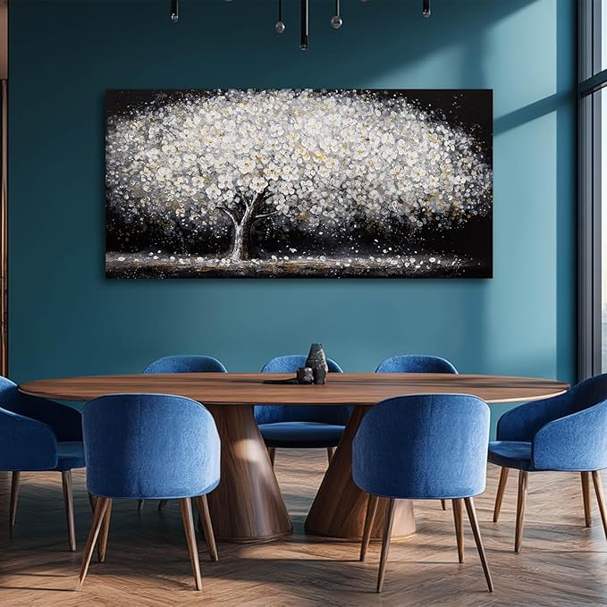 NBAODAN Large Modern Artwork Black and White Tree Picture Wall Decor Canvas Wall Art for Living Room Dining Room Kitchen Bedroom 29"x58" White Floral With Gold Decorations