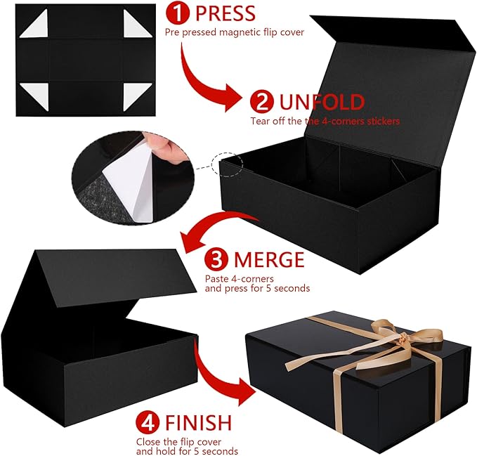 RayofSun Black Gift Box,13.8" x 9" x 4.3" Large Groomsmen Proposal Box with Magnetic Closure Lid and Ribbon for Anniversary Wedding Birthday Graduation Festivals (3 Pack)