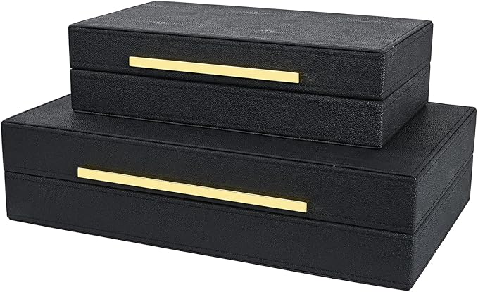 Black Shagreen box Set of 2 Faux Leather Decorative Boxes,Large Nesting Storage Decorative Boxes with Lids for Modern Home Decor Stacking Jewelry Box Organizer
