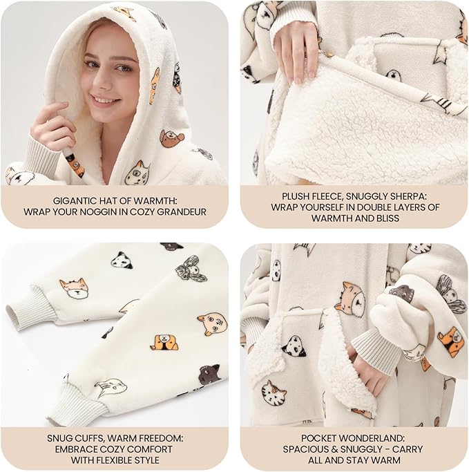 Touchat Wearable Blanket Hoodie, Oversized Sherpa Blanket Sweatshirt for Women with Hood Pocket and Sleeves, Super Soft Warm Plush Hooded Blanket for Adult One Size Fits All (Animal)