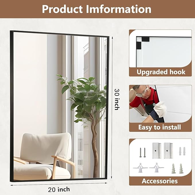 Black Bathroom Mirror, 20"x30" Rectangle Mirror, Matte Black Mirror, Metal Frame Square Corner Vanity Mirror, Wall Mounted Mirror for Modern, Living Room, Bedroom, Horizontal Or Vertical
