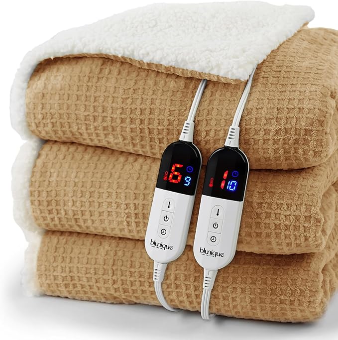 Heated Blanket Electric Blanket Queen Waffle, 84x90 Inches Dual Controllers Sherpa Fleece Fast Heating Blanket 6 Heating Levels & 10 Hours Auto Off ETL Certification, Apricot Orange Queen