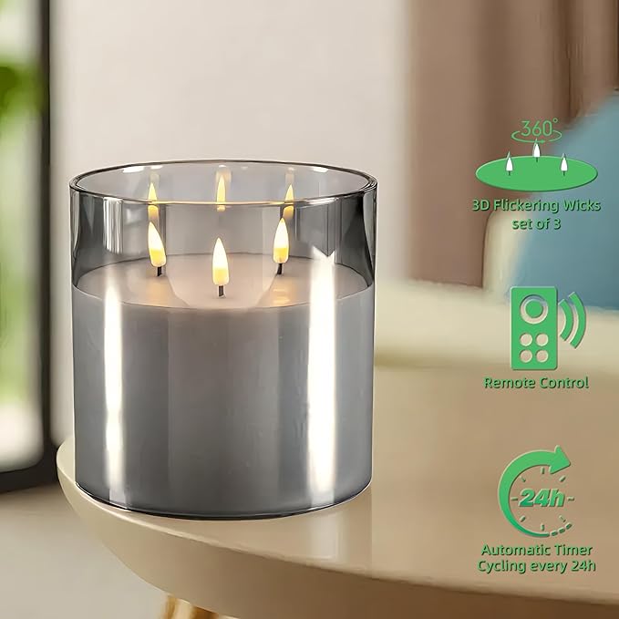 NICEME Extra Large 3 Wick Battery Operated Candle, 6"x6" Big Clear Glass Flameless Candles with Remote, Real Wax Flickering Led Pillar Fake Giant Candle for Wedding Party Holiday Home Decor, Grey