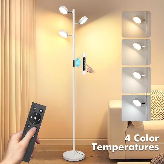 White Floor Lamp with Remote Tall Standing Lamps 30W LED Tree Floor Lamp with 3 Adjustable Heads Touch Control Timer 4 Color Temperatures Light Lamps for Living Room Office Bedroom Crafting
