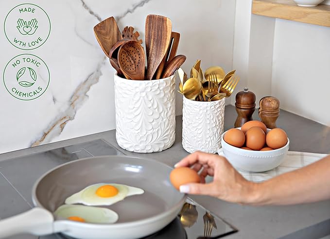 Large 7.3"+5.4" Engraved Ceramic Utensil Holder for Countertop, Cooking Utensils Organizer for Spatula, Large Utensils Crock for Kitchen Counter, Kitchen Decor, set of 2, White