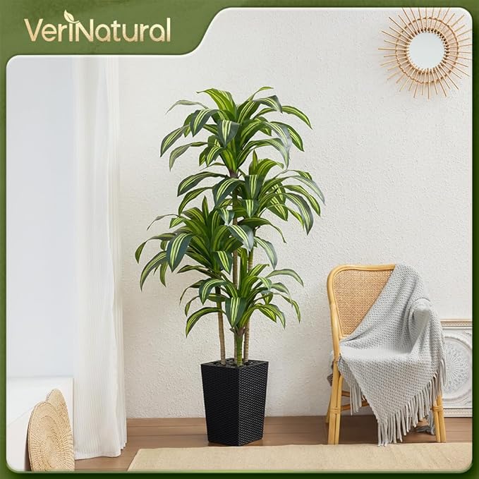 Artificial Dracaena Tree 6FT - UV Resistant Faux Tree with Large Taper Planter & Pebbles - Tall Fake Plants Indoor & Outdoor, Potted Floor Plant for Home Living Room Porch Decor, VN127