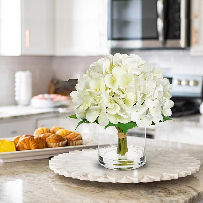 Hollyone Real Touch White Hydrangea Artificial Flowers in Vase Latex Small Faux Hydrangea Flowers Arrangements Hydrangeas Fake Flower with Glass Vase with Faux Water for Table Centerpiece Home Decor