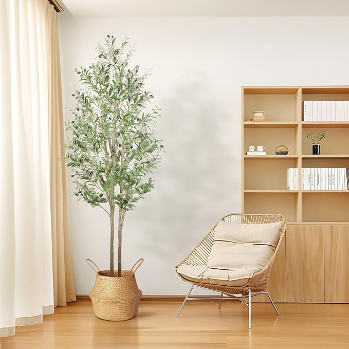 Artificial Olive Tree 7FT Tall Faux Silk Plant(84" in), Indoor Fake Olive Tree with Natural Wood Trunk & Lifelike Fruits, Perfect for Modern Home Office Living Room Floor Decor, 7 FT