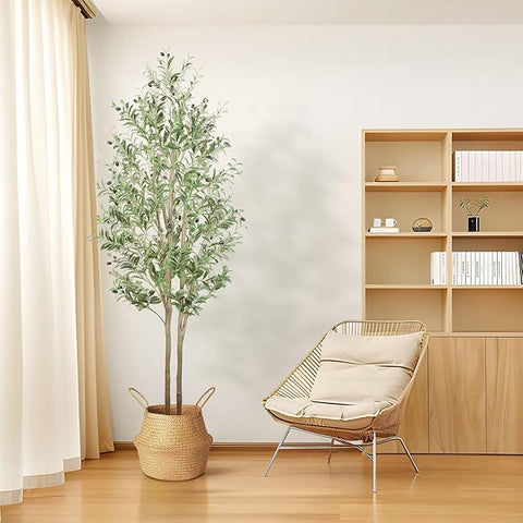 Artificial Olive Tree 7FT Tall Faux Silk Plant(84" in), Indoor Fake Olive Tree with Natural Wood Trunk & Lifelike Fruits, Perfect for Modern Home Office Living Room Floor Decor, 7 FT