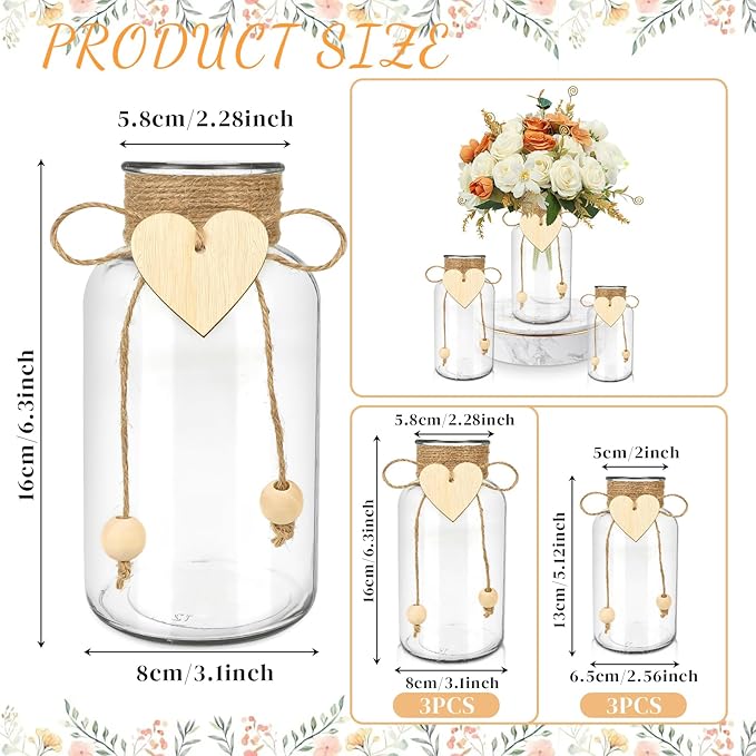 Vintage Glass Vases for Flowers, Set of 3 Mason Jar Vase Table Centerpieces for Farmhouse Room Decor, Wedding, Bridal Shower Bud Vase Set (Medium)