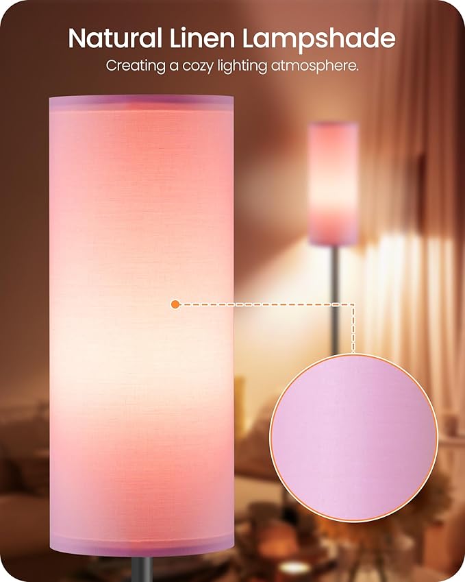 2 Pack Dimmable Pink Floor Lamps for Living Room with 2 Remotes and Foot Switch, Corner Floor Lamp, 66'' Standing Tall Lamp, 10W 900LM Bulb Included, 3000K-6500K, Linen Shade, FCC Listed P06LDP205W1