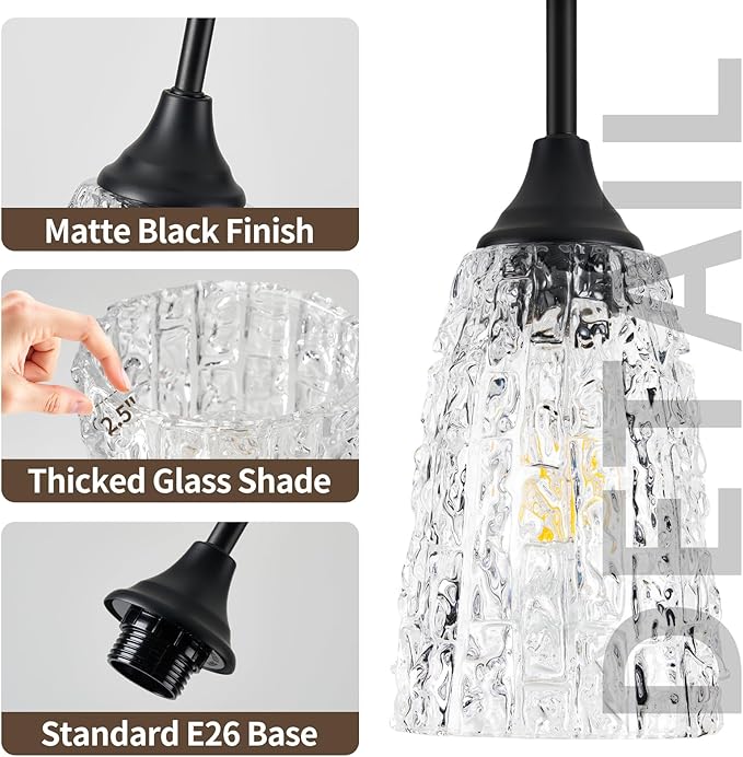 Glass Pendant Lights Kitchen Island, 1-Light Modern Black Pendant Light Fixtures with Hammered Clear Glass and Rods, Farmhouse Mini Hanging Light for Kitchen Sink Dining Room Bedroom, E26