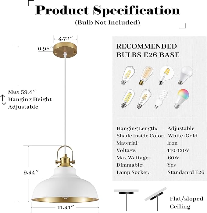 White Pendant Lights Kitchen Island, Kitchen Pendant Lighting 1 Pack, Industrial Farmhouse Pendant Light (11.41 Inch), Dome Pendant Lights, Island Pendant Light for Kitchen, Dining Room