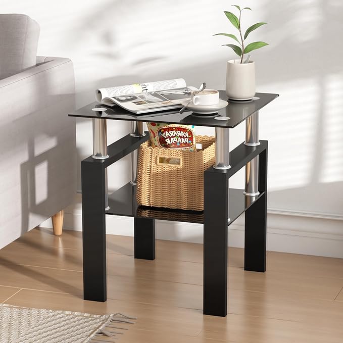 IANIYA Modern Glass End Table, 2-Tier Side Table with Tempered Glass Top & Metal Legs, Night Stand Corner Table for Living Room, Bedroom, All Black