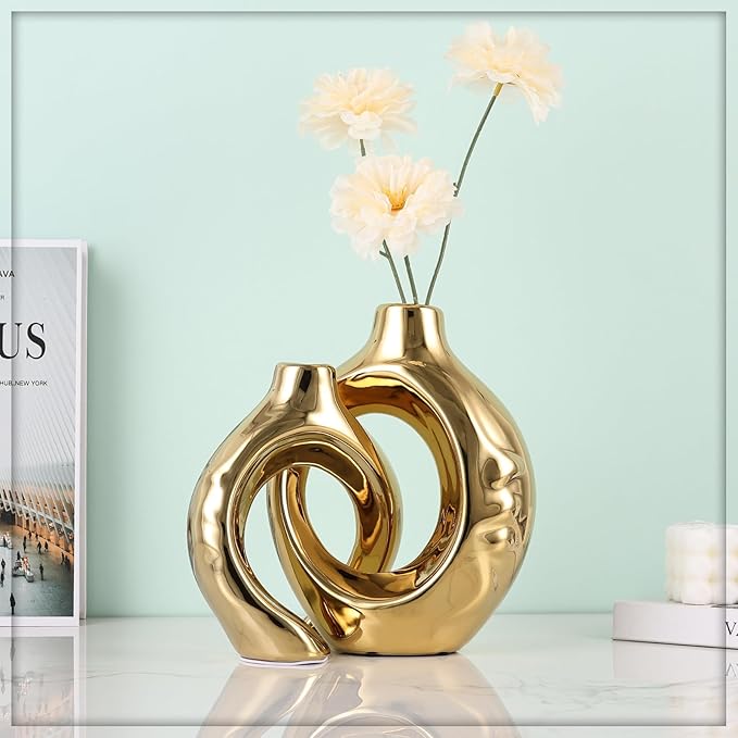 Gold Home Decor Ceramic Vase, Round Vase with Holes Set of 2, Suitable for Wedding Entrance Decoration, Bookshelf, Mantel, Unique Home Decor (Gold)