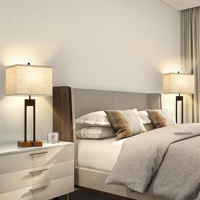25.5'' Set of 2 Modern Bedroom Table Lamps with USB C+A Ports, 3 Color Changeable, Brown Night Stand Lamps for Bedside, Guest Room, Office, Reading