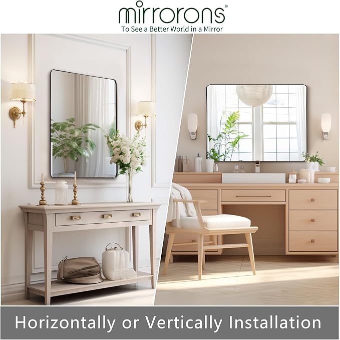 Mirrorons Black Bathroom Mirror 36 x 24 Inch, Black Wall Mirror, Matte Black Bathroom Vanity Mirror with Rounded Corner, Shatterproof (Horizontal/Vertical)