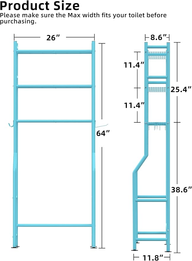 3-Tier Over The Toilet Storage, Freestanding Metal Bathroom Shelves with 4 Hooks, Over Toilet Storage Shelf with Paper Holder, Above The Toilet Shelf for Bathroom Storage, Blue
