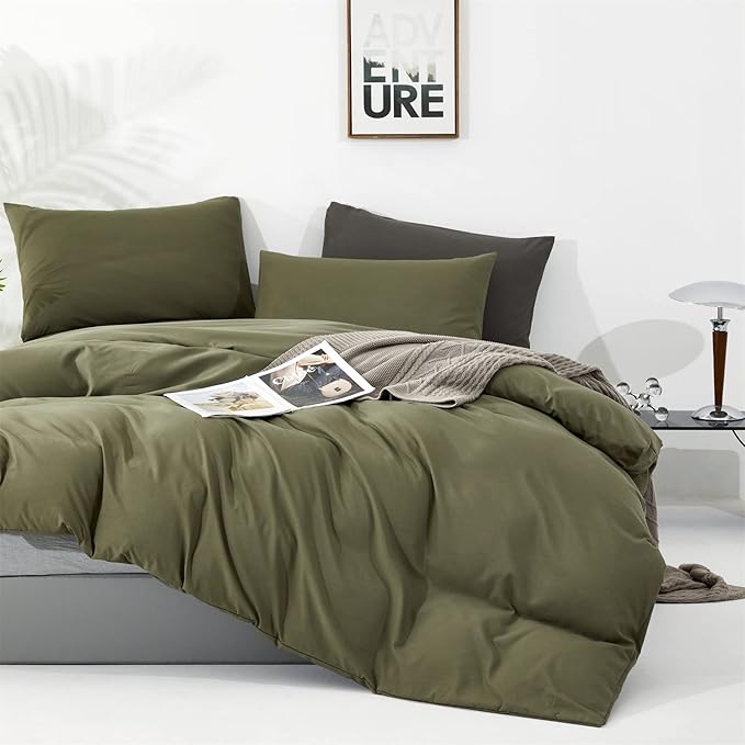 Wellboo Olive Green Comforter Sets Twin Size Solid Dark Green Bedding Comforters Cotton Plain Army Green Soft Cozy Quilts Women Men Dark Grass Green Blankets Modern Minimalist Hunter Green Comforters