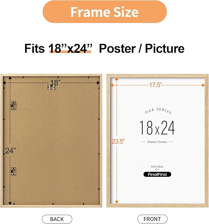 Minimalist 18x24 Frame Set of 3, Natural Solid Oak Wood 18x24 Poster Frame, Lightweight for Wall Mounting(3 Pack, Oak)