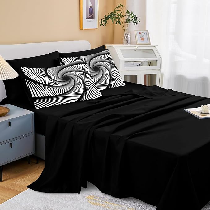 Bedorm Black White Comforter Set 3D Abstract Bedding Set Queen Vortex Stripe Geometric Comforter Trippy Psychedelic Bedding Comforter Black Bed in A Bag