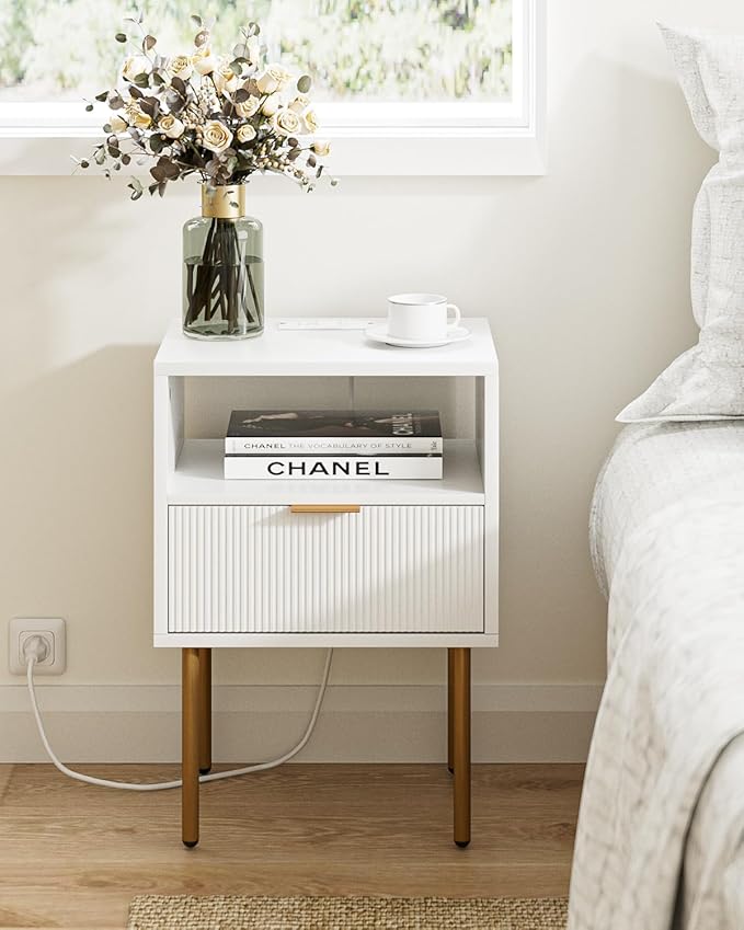 Nightstand with Charging Station,Morden Bedside Table with Gold Frame,Small White Night Stand,End Table,Bedside Furniture,Side Table with Drawer and Shelf for Bedroom,Living Room