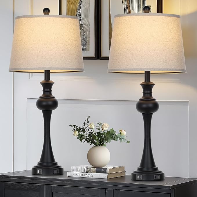 28.75" 3-Way Touch Control Modern Table Lamp Set of 2 for Living Room, Bedside Lamp with USB A+C Ports, Mid Century Black Table Lamps, Nightstand Lamps Set,Beige Fabric Shade Vintage Accent Style
