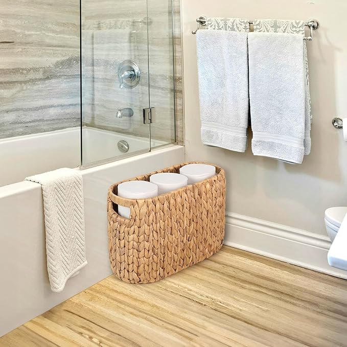 Toilet Paper Storage Holder with Built-in Handles, Water Hyacinth Toilet Papers Holder for up to 6 Mega Rolls, Wicker Toilets Paper Baskets, Decor Bathroom Storage Basket for Countertops,Shelves