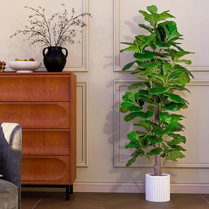 Artificial Fiddle Leaf Fig Tree Indoor, 6FT Tall Faux Tree with Natural Wood Trunk and Lifelike Leaves, Tall Artificial Plants Indoor, Fake Plants for Home, Office, Living Room Decor