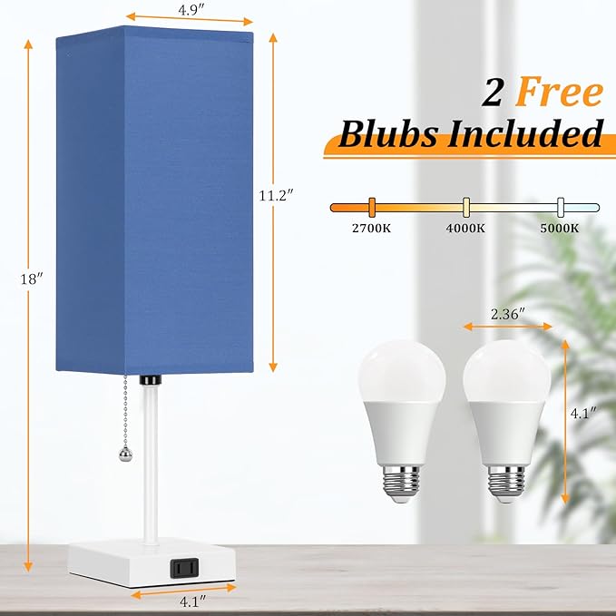 Table Lamp for Bedroom set of 2,3-Color Bedside Lamps with Pull Chain Table Lamps for Nightstand with AC Outlets,18'' Night Light Lamps with 2 Bulbs Lamps for Living Room Kids Office Decor（White-blue）