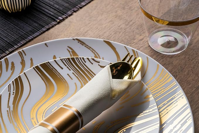 MONEST 350Pcs Gold Plastic Silverware Set for 50 Guests, Disposable Dinnerware Set includes: 50 Pre Rolled Napkins with Utensils, 50 Dinner Plates, 50 Dessert Plates, 50 Cups (Gold Wave)