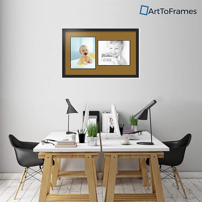 ArtToFrames Collage Photo Frame Double Mat with 2-11x14 Openings with Satin Black Frame and El Dorado mat.