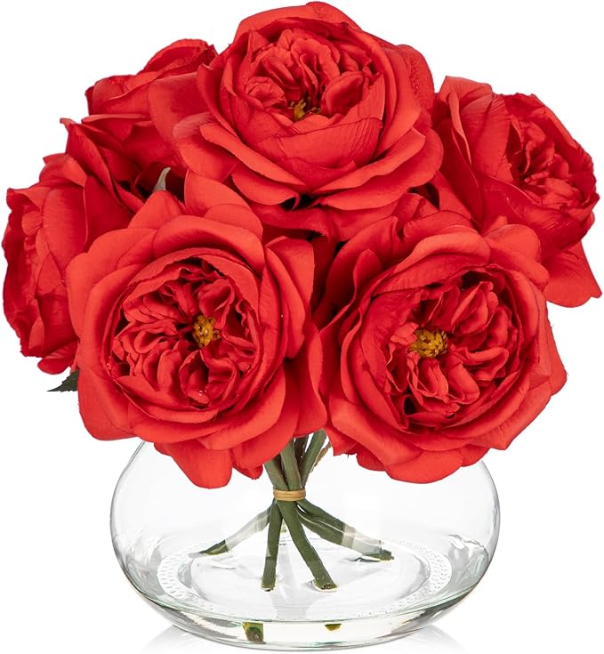 Hollyone Red Roses Peonies Artificial Flowers with Glass Vase Silk David Austin Roses Faux Flowers Arrangements with Clear Faux Water in Vase Fake Peonies Rose Peony Floral Bulk Bouquet Home Decor