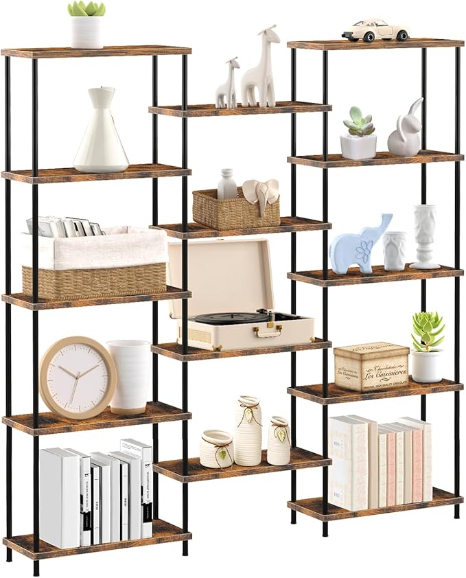 MOOACE 5 Tier Bookshelf, Industrial Style Bookcases with 14 Open Display Shelves, Open Large Storage Bookshelves Shelving with Anti-Falling Device for Bedroom,Living Room, Office Display Cabinet Brown