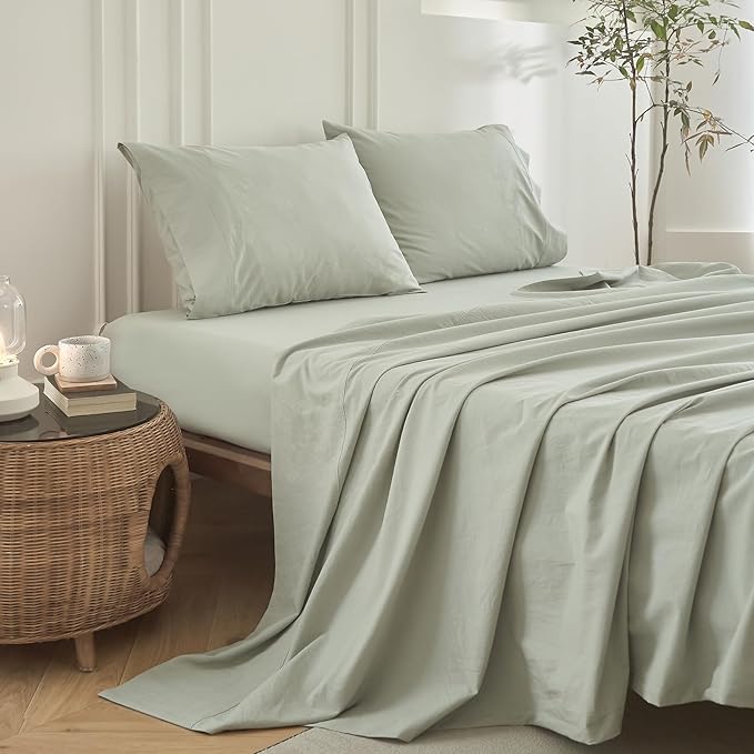 6PS Linen Like Bedding Sheet Sets Sage Green Queen Size Cotton Bedding Set Oeko-TEX Standard 100% Washed Cotton Deep Pocket Queen Size Fitted Sheet Plus Cozy Flat Sheet and 4 Pillowcases