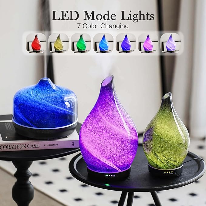 Porseme 280ml Essential Oil Diffuser Glass Color Changing Aroma Air Diffusers Aromatherapy Ultrasonic Cool Mist Humidifier 7 Running Hours Waterless Auto-Off for Sleeping, Yoga, Office, Spa (Obsidian)