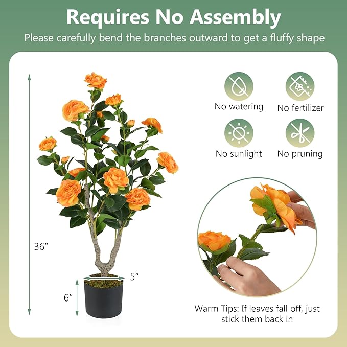 Goplus 36’’ Artificial Camellia Tree, Flower Plants Artificial Tree, Faux Floral Plant Blooming Tree in Nursery Pot, Greenery Potted Plant for Indoor Office Home Porch Decor, Orange