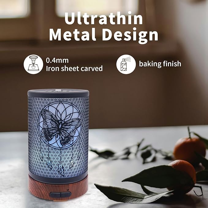 Essential Oil Diffuser - Multifunction Aromatherapy Diffuser 7 LED Color Changing Light 100ML Metal Diffuser Easy to Clean Suitable for Home,Office(Butterfly)
