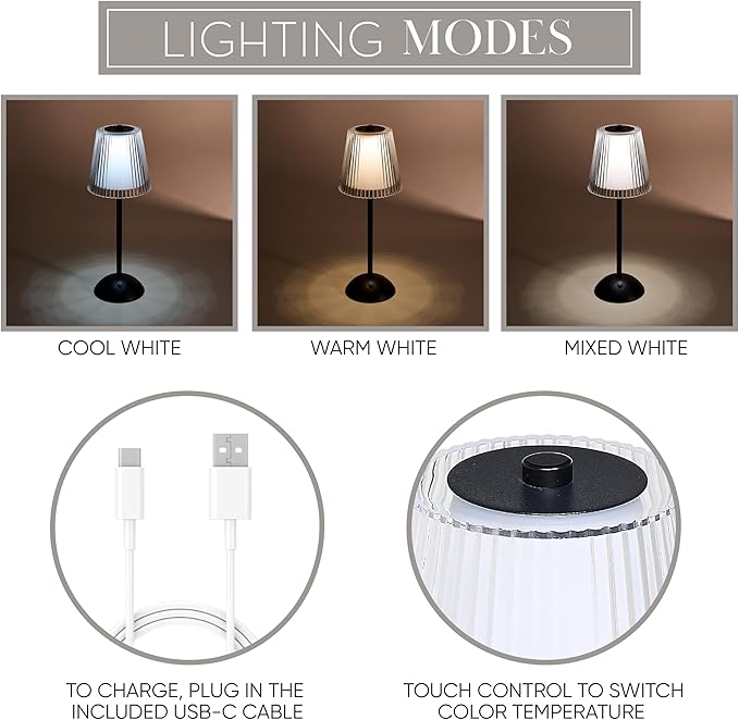 Camden Reed Table Lamp, Desk lamp, 3 Different Lighting Modes, Modern Minimal Design for Dinner/Coffee Table/Restaurant/Bedroom, Classic Black