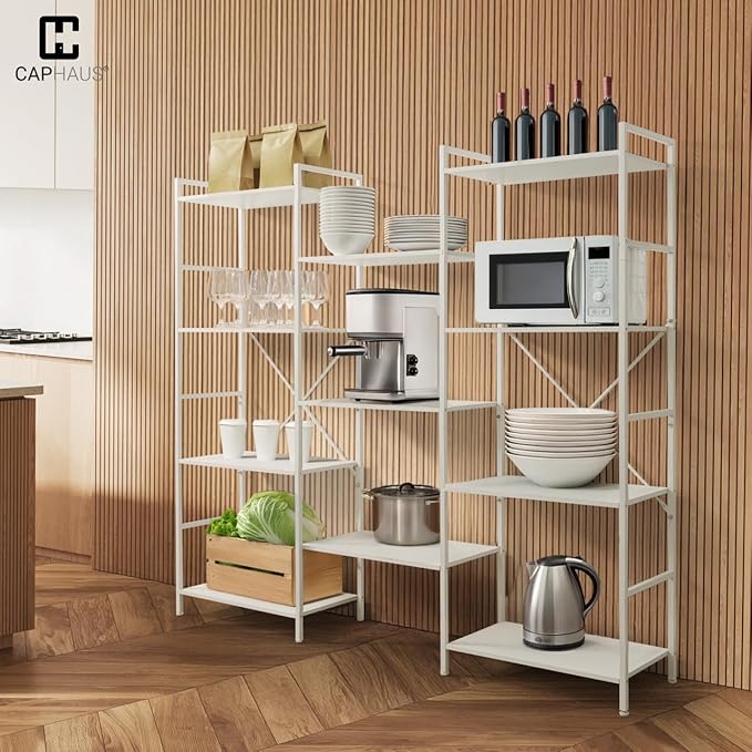 CAPHAUS Triple Column 4 Tier Bookshelf, Industrial Triple Bookcase with 11 Open Display Shelves, Adjustable Wide Shelf for Living Room, Bedroom, Home and Office, Rustic Oak
