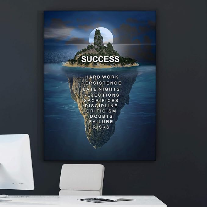 Island Success Canvas Print Motivational Office Decor Modern Art Night House Iceberg Motivation Hustle Entrepreneur Inspirational Pop Arts (24" x 18")