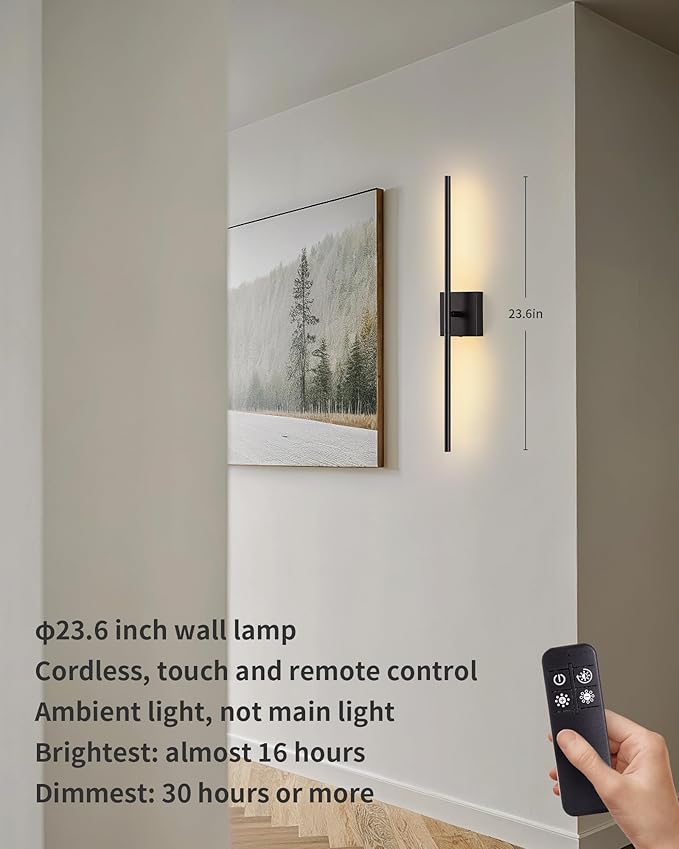 KDG Cordless Wall Sconces Set of 2, Wireless 7000mAh Rechargeable Battery Operated LED Wall Lamps with Remote, 360° Rotate Lightings for Wall Painting, Bedroom, Hallway, Night Light 23.6 inch (Black)