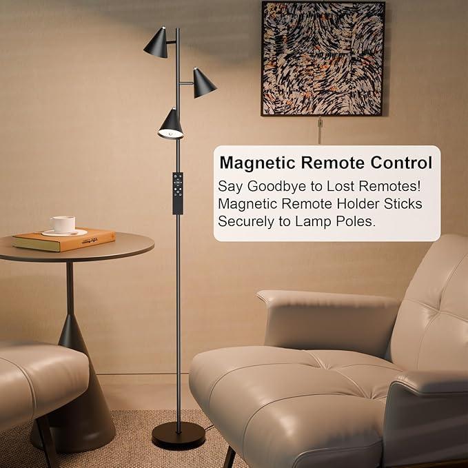 Floor Lamp 3 LED Lights with Magnetic Remote Control Tall Standing Rotatable Dimmable Lighting 5 Color Temperatures 6500K 25W 63" for Bedroom Reading Room Office