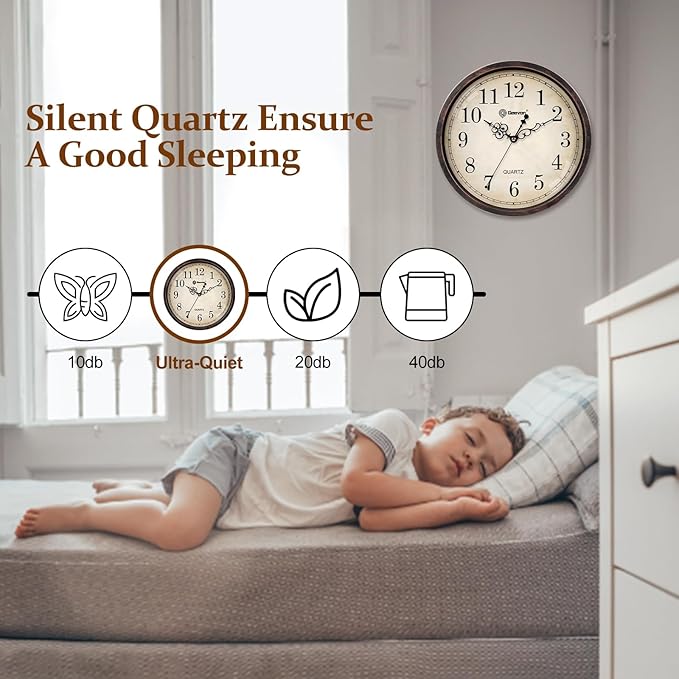 Geevon Retro Silent 12 Inch Wall Clock Non Ticking, Rustic Vintage Clock Quartz Decorative, Battery Operated Wall Clock for Kitchen/Office/Classroom/Bedroom/Living Room Decor